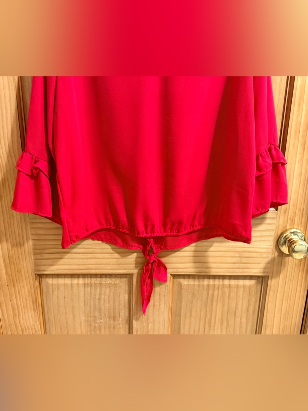 Lily White Tomato Red Tie-Front Ruffle Sleeve Blouse-XL-EC - Picture 9 of 12